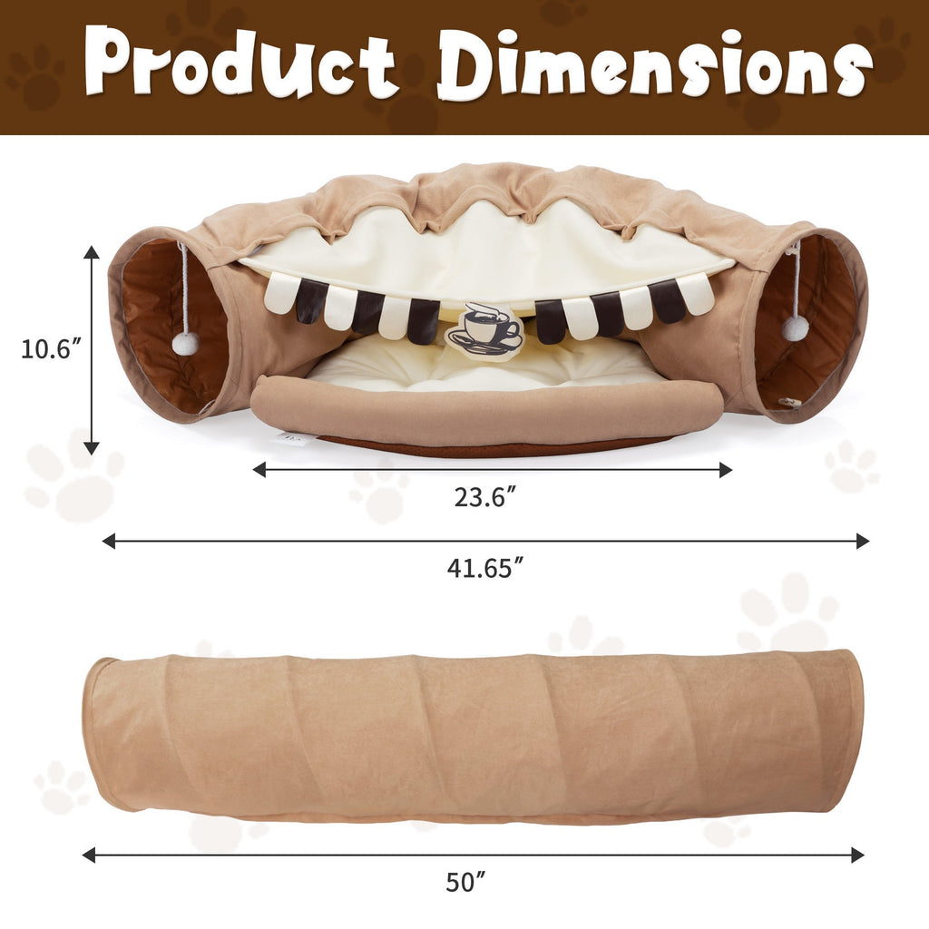 Foldable Cat Tunnel Bed For Indoor Cats, Washable Cat Skin Tunnel With Hanging Toys And Mats, Brown Color-4
