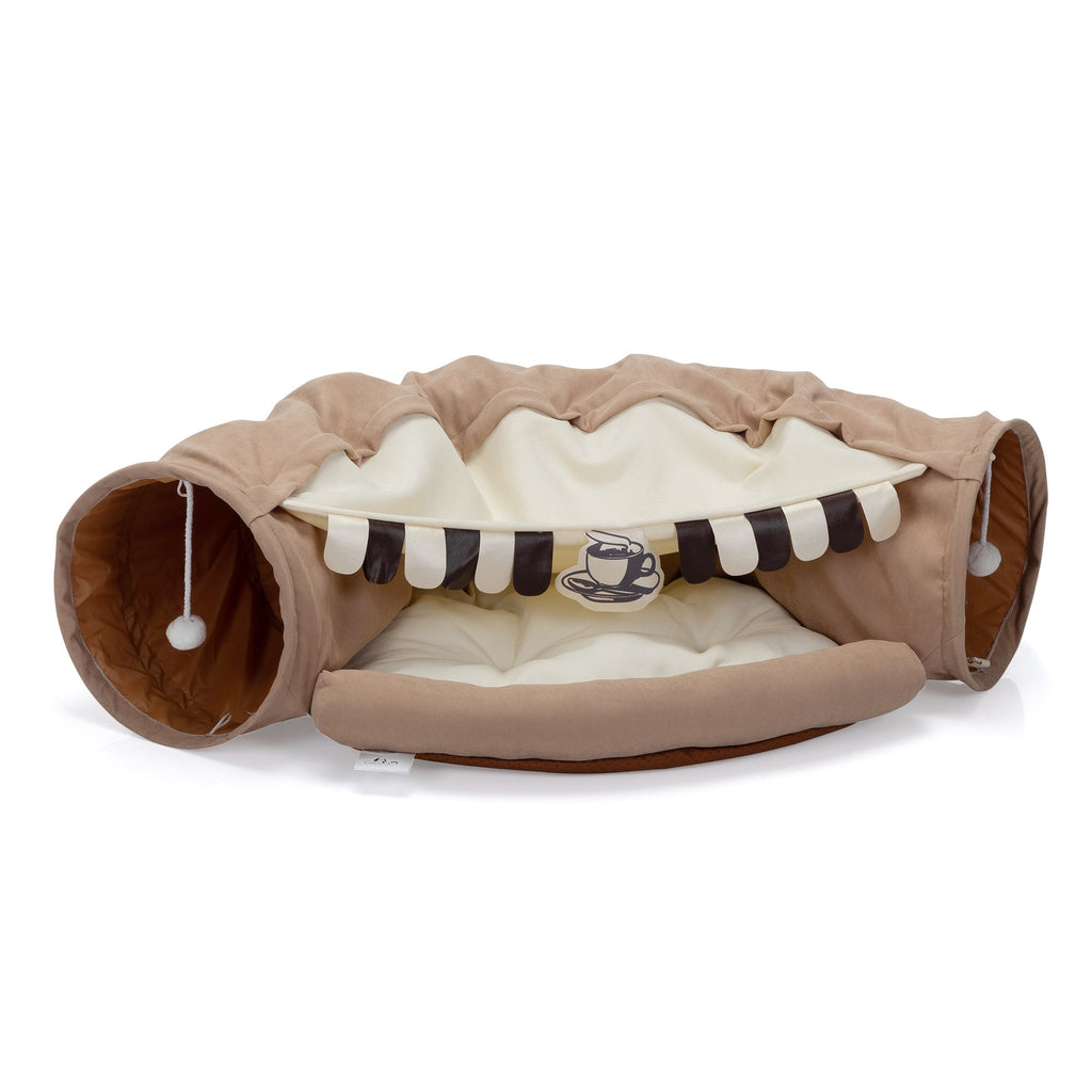 Foldable Cat Tunnel Bed For Indoor Cats, Washable Cat Skin Tunnel With Hanging Toys And Mats, Brown Color-2