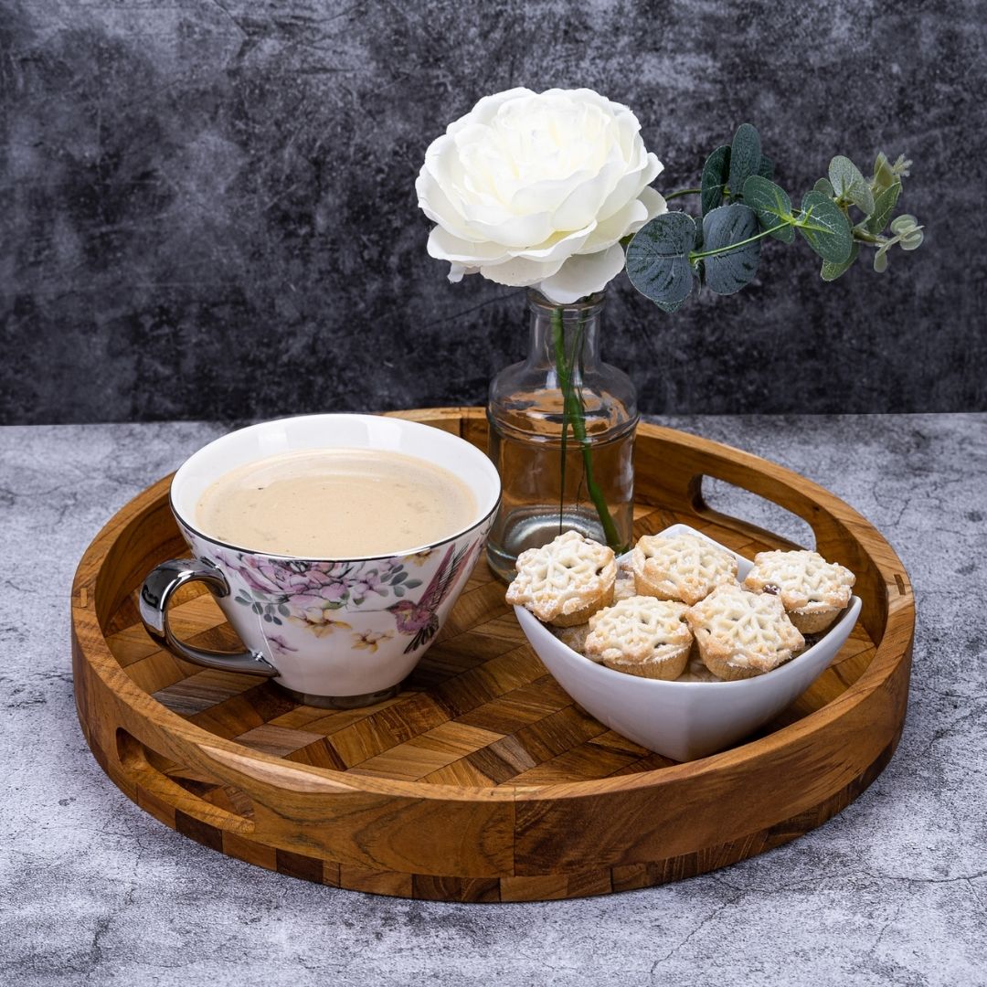 Herringbone Pattern Round Wooden Serving Tray-2