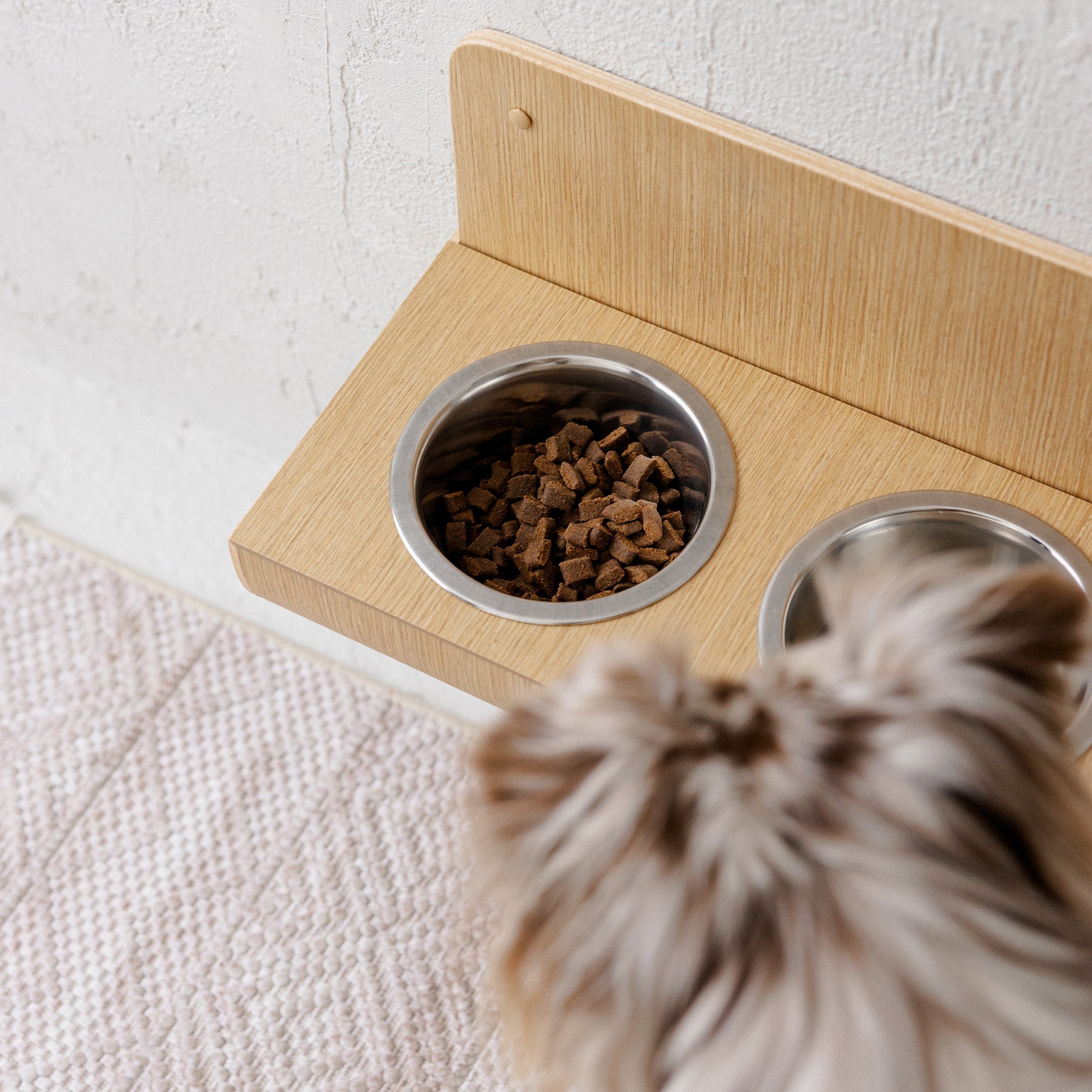 Hanging wooden dog feeder with wall protection, Floating raised dog bowls-4