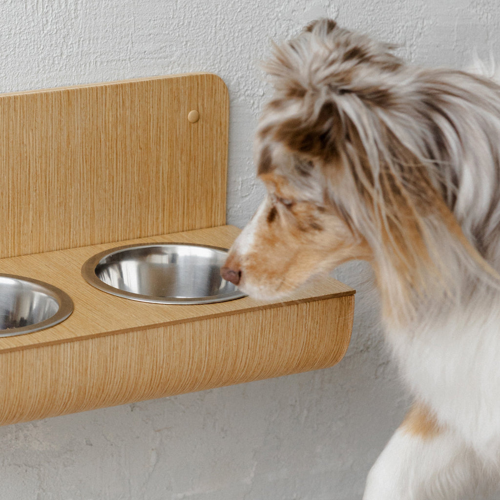 Hanging wooden dog feeder with wall protection, Floating raised dog bowls-0