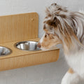 Hanging wooden dog feeder with wall protection, Floating raised dog bowls-0