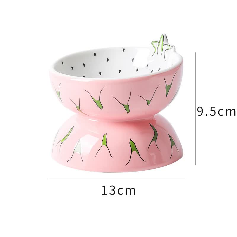 NNEDSZ Ceramic Elevated Pet Food Bowl - Cute Pitaya Pattern Design for Cats and Small Dogs-0