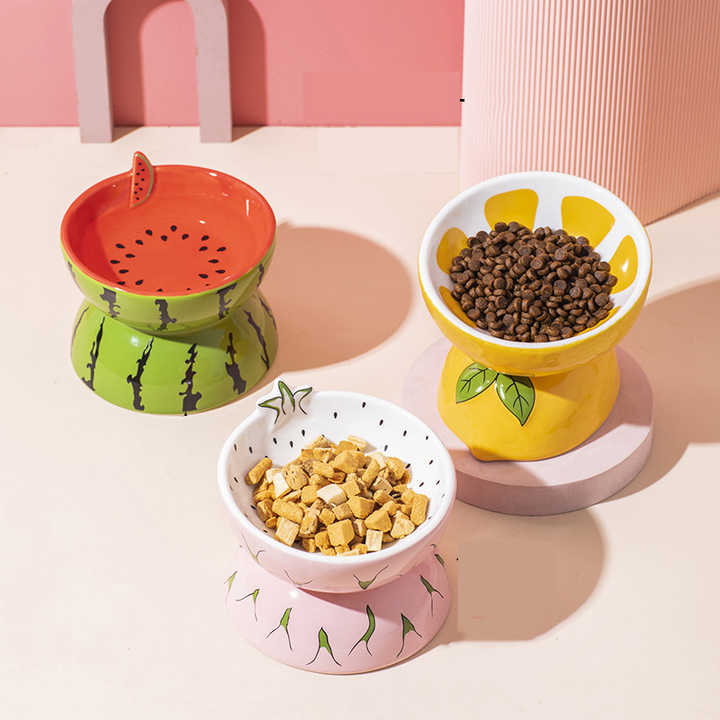 NNEDSZ Ceramic Elevated Pet Food Bowl - Cute Pitaya Pattern Design for Cats and Small Dogs-1