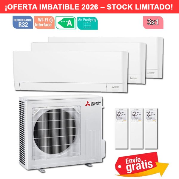 Aire Acondicionado Multi Split 3x1 Mitsubishi MXZ-3F54VF + MSZ-AY25VGK + MSZ-AY25VGK + MSZ-AY25VGK