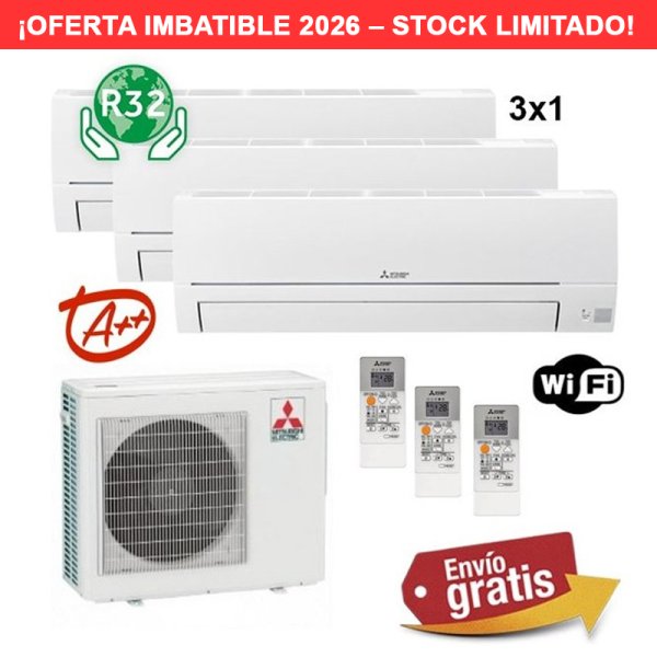 Aire Acondicionado Multi Split 3x1 Mitsubishi MXZ-3HA50VF + MSZ-HR25VFK + MSZ-HR25VFK + MSZ-HR25VFK