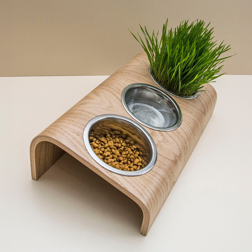 Wooden Elevated Cat and Dog Bowl Stand with 3 Bowls-3